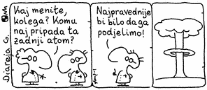 The cartoon continues: splitting the last atom ends in a mushroom cloud.